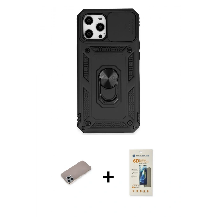 MARSİLYAN™- iPhone 12 Pro Max Kılıf Ahenk Klasik - Siyah 6D Mat Seramik Hayalet Nano Ekran Koruyucu + Shine Kamera Lens Koruma Cam - SABE