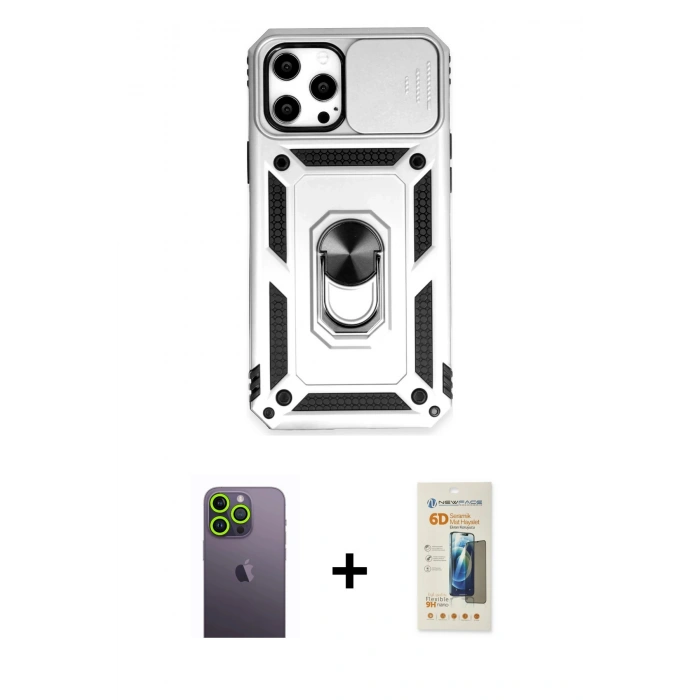 MARSİLYAN™- iPhone 12 Pro Max Kılıf Ahenk Klasik - Siyah 6D Mat Seramik Hayalet Nano Ekran Koruyucu + Neon Fosforlu Kamera Lens - YL