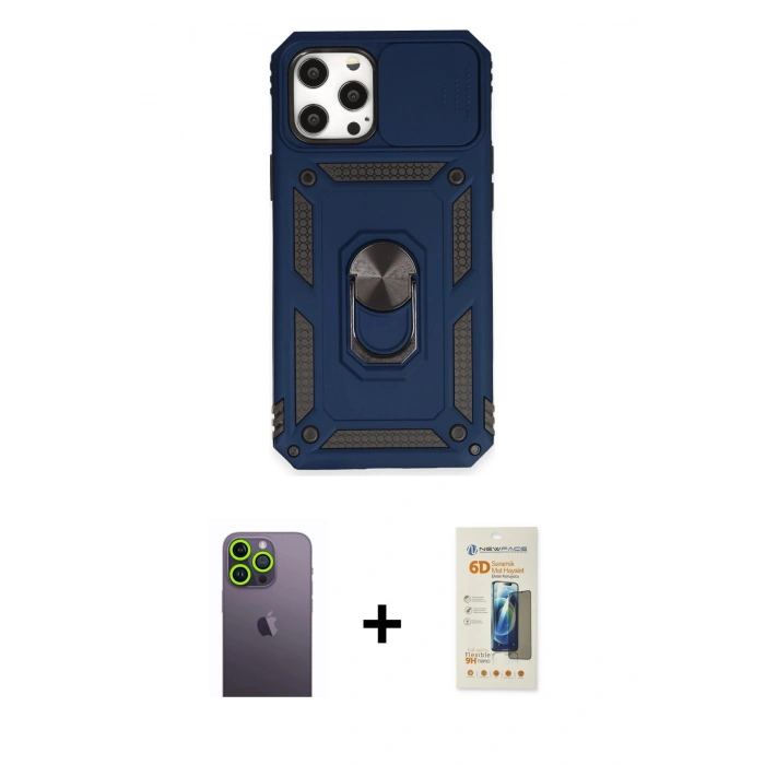 MARSİLYAN™- iPhone 12 Pro Max Kılıf Ahenk Klasik - Siyah 6D Mat Seramik Hayalet Nano Ekran Koruyucu + Neon Fosforlu Kamera Lens - YL