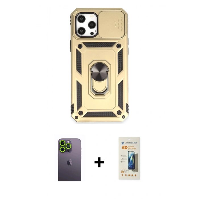 MARSİLYAN™- iPhone 12 Pro Max Kılıf Ahenk Klasik - Siyah 6D Mat Seramik Hayalet Nano Ekran Koruyucu + Neon Fosforlu Kamera Lens - YL