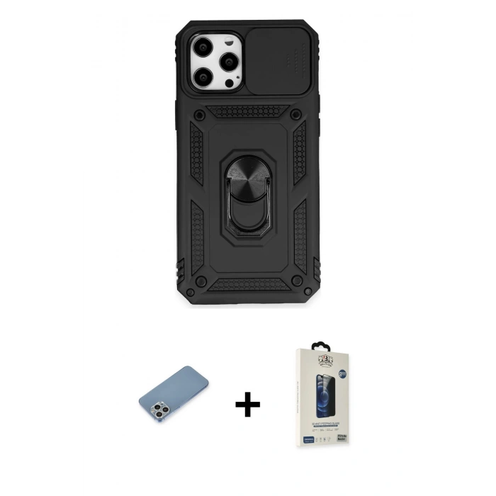 MARSİLYAN™- iPhone 12 Pro Max Kılıf Ahenk Klasik - Siyah Bilvis Hayalet Cam Ekran Koruyucu + Shine Kamera Lens Koruma Cam - GS