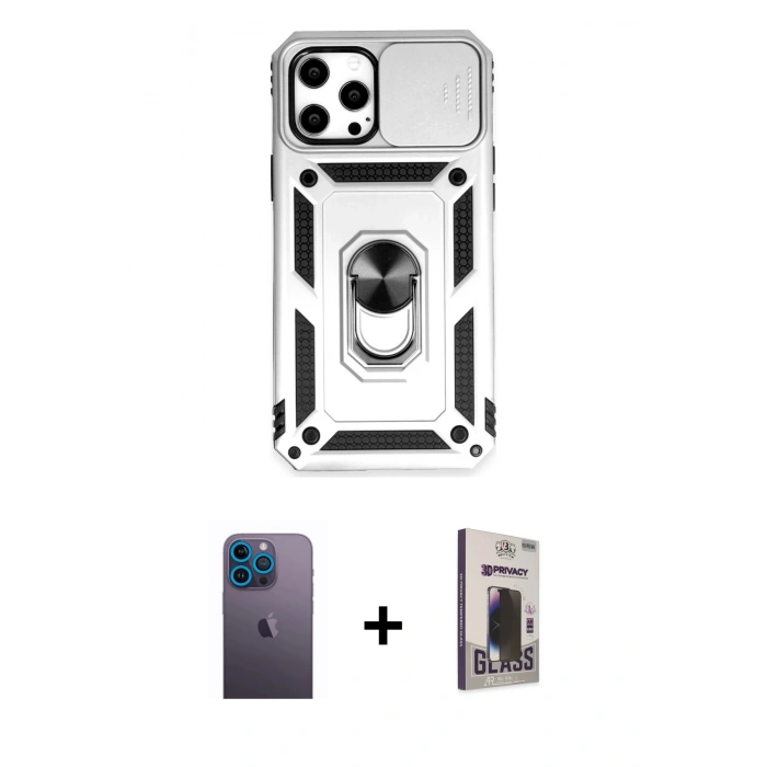 MARSİLYAN™- iPhone 12 Pro Max Kılıf Ahenk Klasik - Siyah Bilvis Hayalet Cam Ekran Koruyucu + Neon Fosforlu Kamera Lens - MI