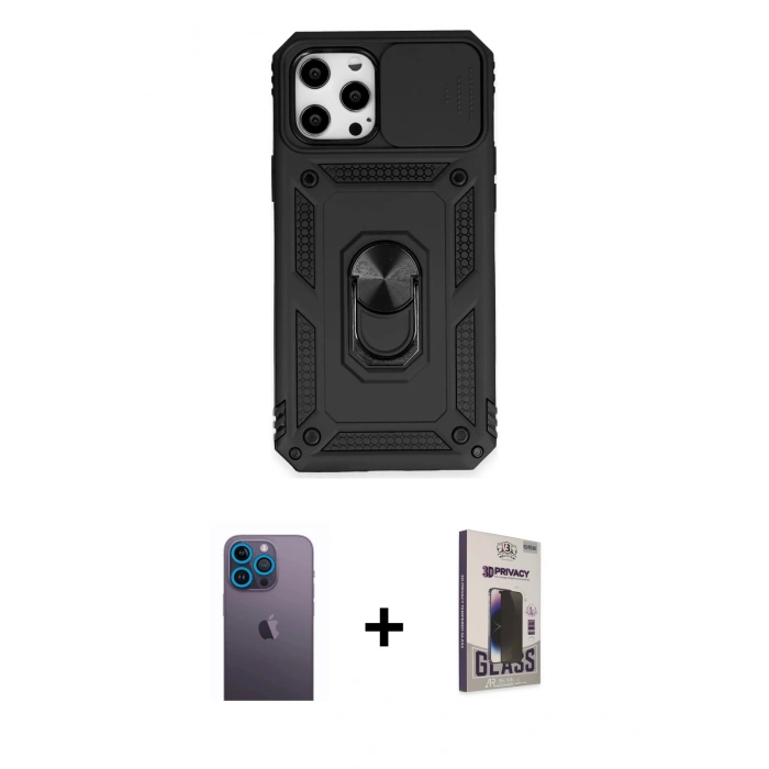 MARSİLYAN™- iPhone 12 Pro Max Kılıf Ahenk Klasik - Siyah Bilvis Hayalet Cam Ekran Koruyucu + Neon Fosforlu Kamera Lens - MI