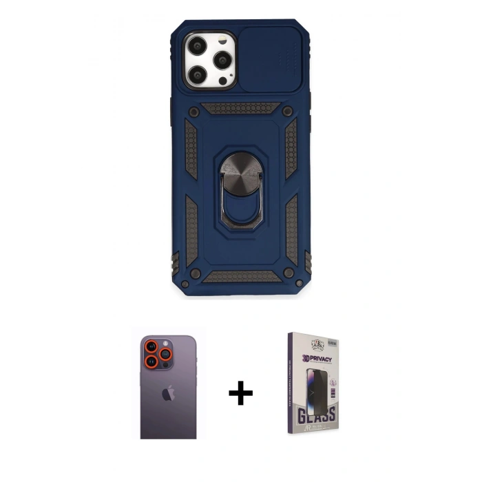 MARSİLYAN™- iPhone 12 Pro Max Kılıf Ahenk Klasik - Siyah Bilvis Hayalet Cam Ekran Koruyucu + Neon Fosforlu Kamera Lens - TU