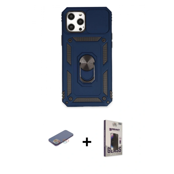 MARSİLYAN™- iPhone 12 Pro Max Kılıf Ahenk Klasik - Siyah Bilvis Hayalet Cam Ekran Koruyucu + Renkli Kamera Lens Koruma Cam - PE