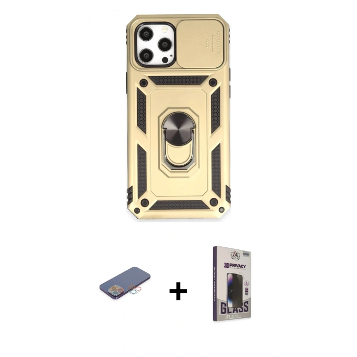 MARSİLYAN™- iPhone 12 Pro Max Kılıf Ahenk Klasik - Siyah Bilvis Hayalet Cam Ekran Koruyucu + Renkli Kamera Lens Koruma Cam - PE