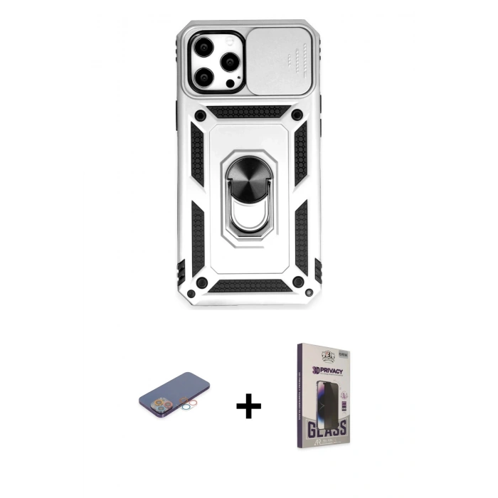 MARSİLYAN™- iPhone 12 Pro Max Kılıf Ahenk Klasik - Siyah Bilvis Hayalet Cam Ekran Koruyucu + Renkli Kamera Lens Koruma Cam - PE
