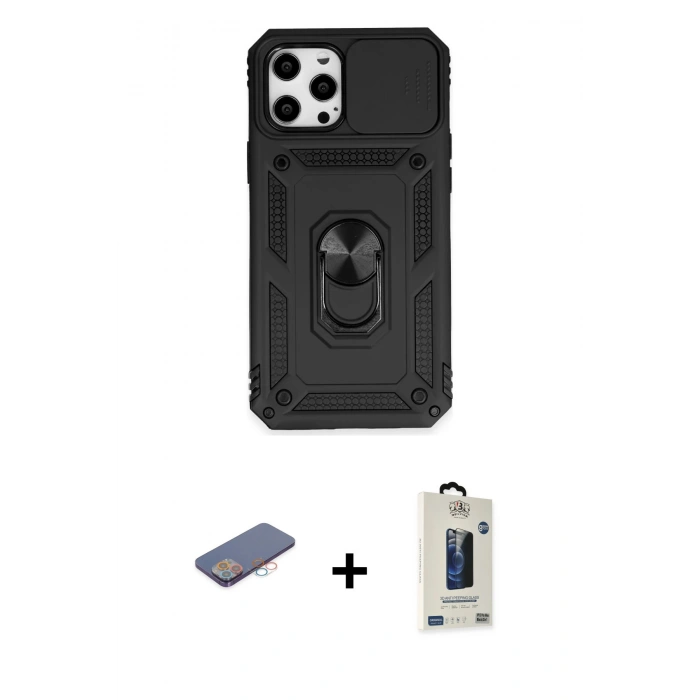 MARSİLYAN™- iPhone 12 Pro Max Kılıf Ahenk Klasik - Siyah Bilvis Hayalet Cam Ekran Koruyucu + Pembe Renkli Kamera Lens Koruma Cam