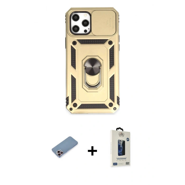 MARSİLYAN™- iPhone 12 Pro Max Kılıf Ahenk Klasik - Siyah Bilvis Hayalet Cam Ekran Koruyucu + Shine Kamera Lens Koruma Cam - PE