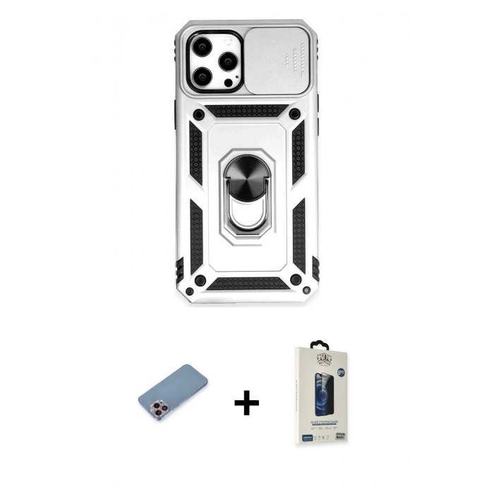 MARSİLYAN™- iPhone 12 Pro Max Kılıf Ahenk Klasik - Siyah Bilvis Hayalet Cam Ekran Koruyucu + Shine Kamera Lens Koruma Cam - PE