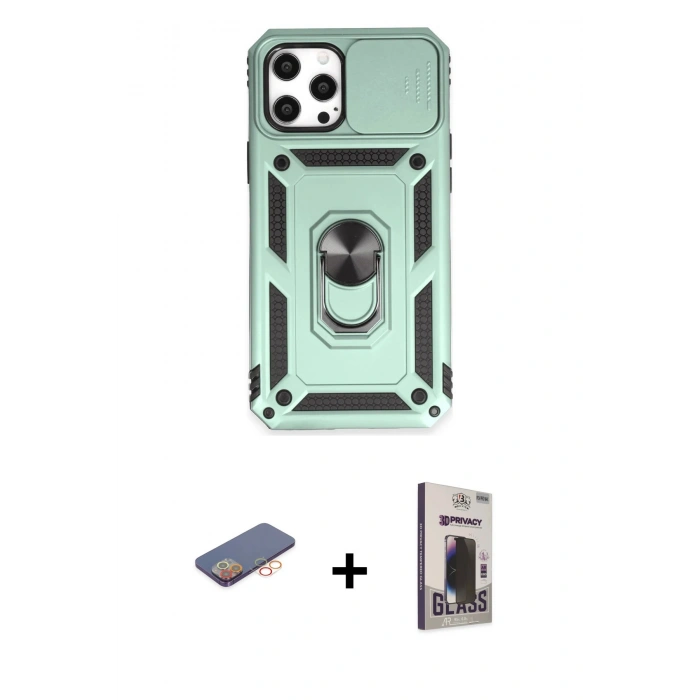 MARSİLYAN™- iPhone 12 Pro Max Kılıf Ahenk Klasik - Siyah Bilvis Hayalet Cam Ekran Koruyucu + Renkli Kamera Lens Koruma Cam - TU