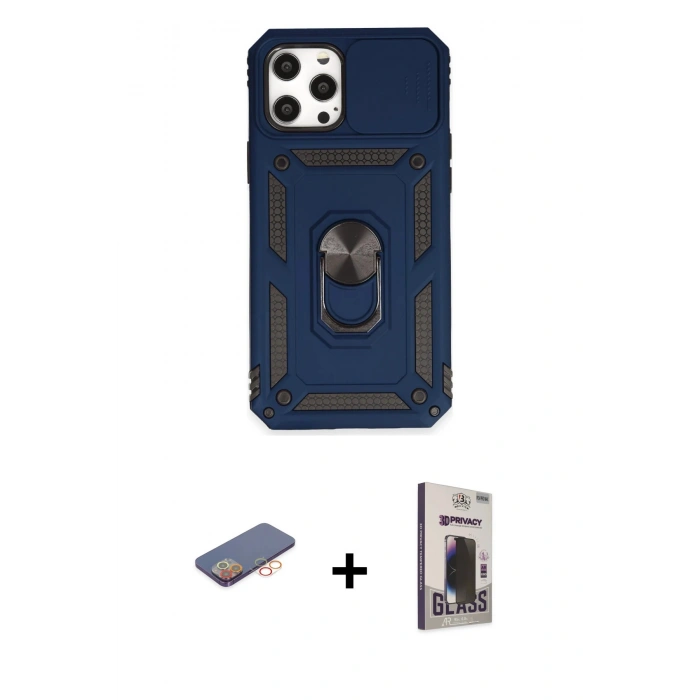 MARSİLYAN™- iPhone 12 Pro Max Kılıf Ahenk Klasik - Siyah Bilvis Hayalet Cam Ekran Koruyucu + Renkli Kamera Lens Koruma Cam - TU