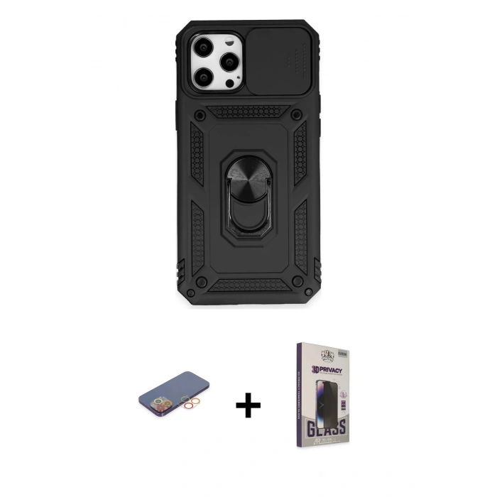 MARSİLYAN™- iPhone 12 Pro Max Kılıf Ahenk Klasik - Siyah Bilvis Hayalet Cam Ekran Koruyucu + Renkli Kamera Lens Koruma Cam - TU