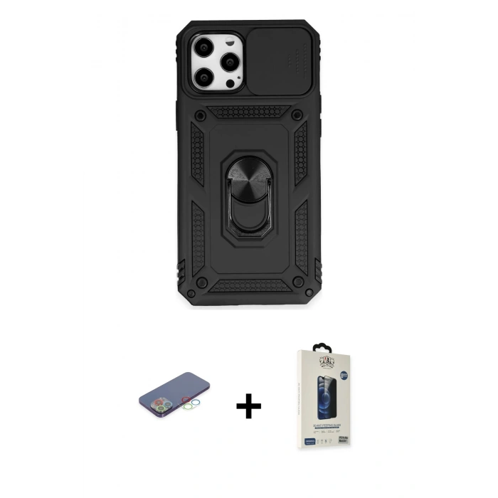 MARSİLYAN™- iPhone 12 Pro Max Kılıf Ahenk Klasik - Siyah Bilvis Hayalet Cam Ekran Koruyucu + Renkli Kamera Lens Koruma Cam - MI