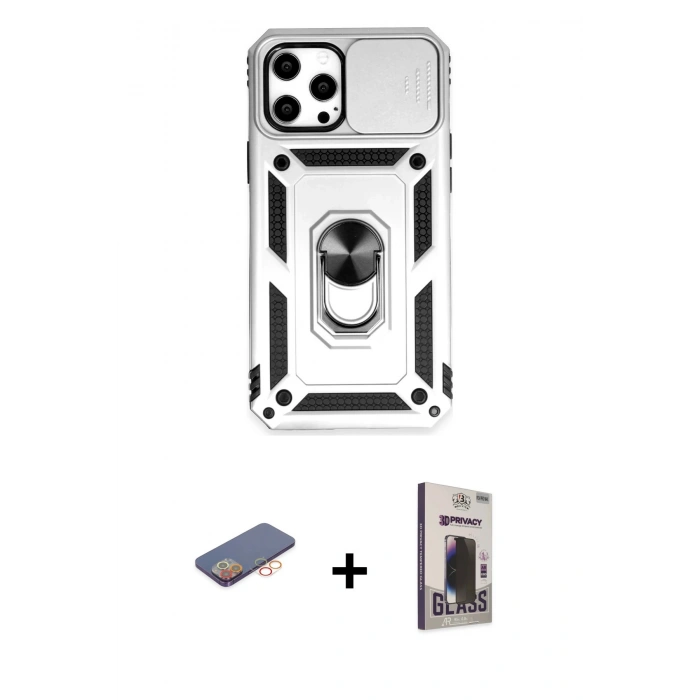 MARSİLYAN™- iPhone 12 Pro Max Kılıf Ahenk Klasik - Siyah Bilvis Hayalet Cam Ekran Koruyucu + Renkli Kamera Lens Koruma Cam - TU
