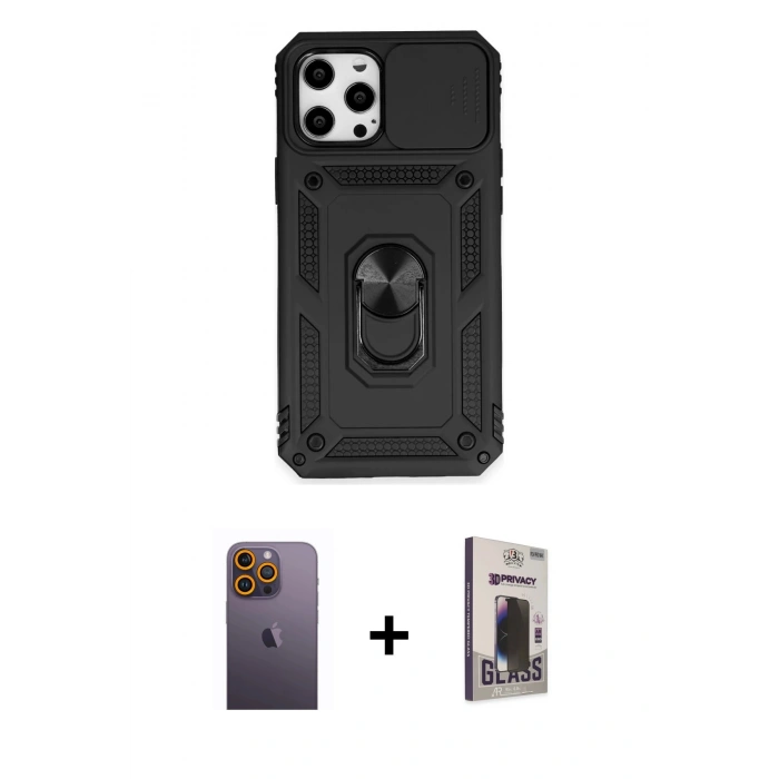 MARSİLYAN™- iPhone 12 Pro Max Kılıf Ahenk Klasik - Siyah Bilvis Hayalet Cam Ekran Koruyucu + Neon Fosforlu Kamera Lens - SI
