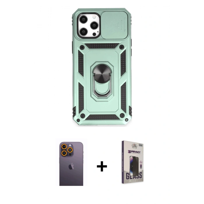MARSİLYAN™- iPhone 12 Pro Max Kılıf Ahenk Klasik - Siyah Bilvis Hayalet Cam Ekran Koruyucu + Neon Fosforlu Kamera Lens - SI