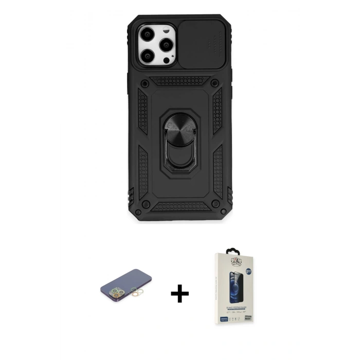 MARSİLYAN™- iPhone 12 Pro Max Kılıf Ahenk Klasik - Siyah Bilvis Hayalet Cam Ekran Koruyucu + Renkli Kamera Lens Koruma Cam - SI