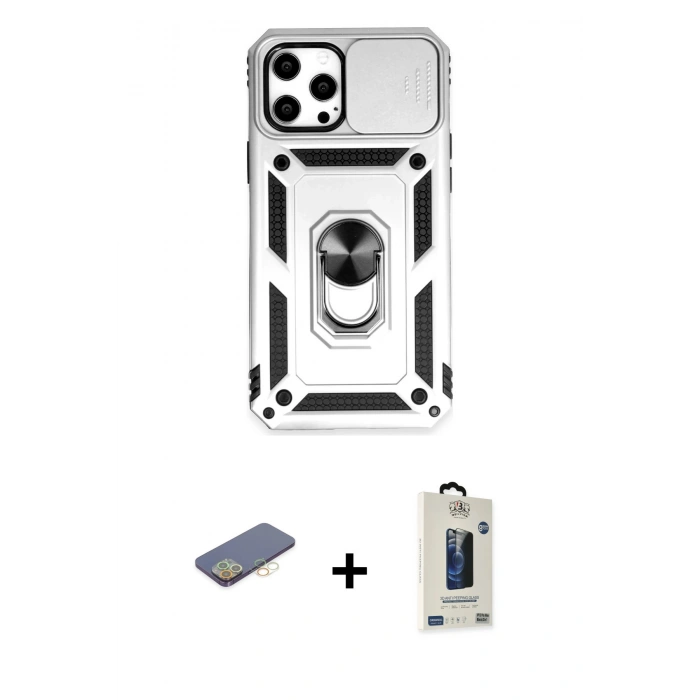 MARSİLYAN™- iPhone 12 Pro Max Kılıf Ahenk Klasik - Siyah Bilvis Hayalet Cam Ekran Koruyucu + Renkli Kamera Lens Koruma Cam - SI
