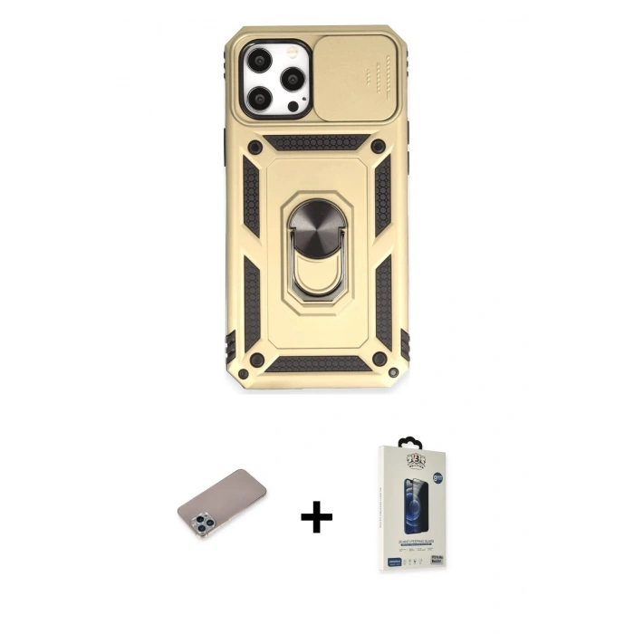MARSİLYAN™- iPhone 12 Pro Max Kılıf Ahenk Klasik - Siyah Bilvis Hayalet Cam Ekran Koruyucu + Shine Kamera Lens Koruma Cam - SABE