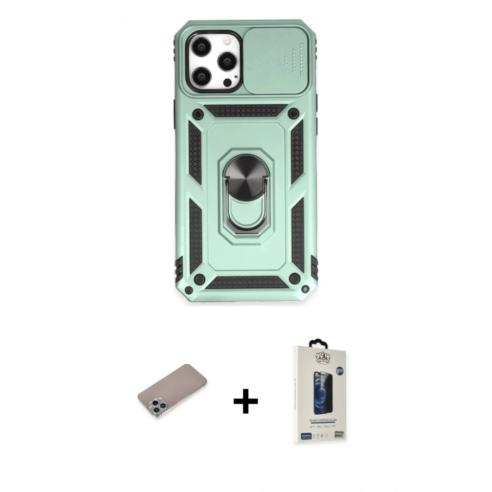 MARSİLYAN™- iPhone 12 Pro Max Kılıf Ahenk Klasik - Siyah Bilvis Hayalet Cam Ekran Koruyucu + Shine Kamera Lens Koruma Cam - SABE