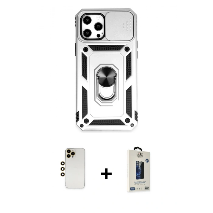 MARSİLYAN™- iPhone 12 Pro Max Kılıf Ahenk Klasik - Siyah Bilvis Hayalet Cam Ekran Koruyucu + Shine Kamera Lens - GD