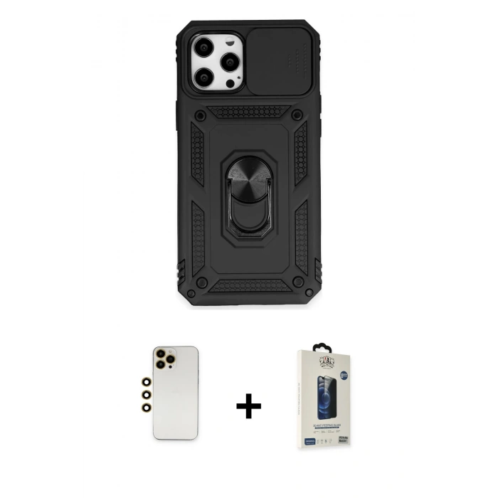 MARSİLYAN™- iPhone 12 Pro Max Kılıf Ahenk Klasik - Siyah Bilvis Hayalet Cam Ekran Koruyucu + Shine Kamera Lens - GD