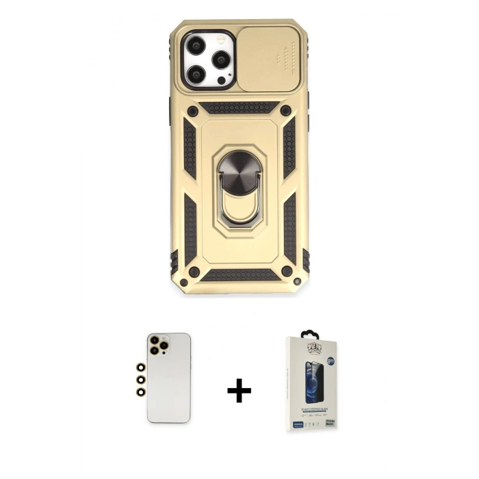 MARSİLYAN™- iPhone 12 Pro Max Kılıf Ahenk Klasik - Siyah Bilvis Hayalet Cam Ekran Koruyucu + Shine Kamera Lens - GD