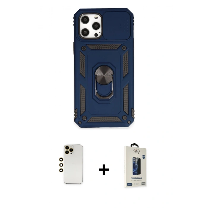 MARSİLYAN™- iPhone 12 Pro Max Kılıf Ahenk Klasik - Siyah Bilvis Hayalet Cam Ekran Koruyucu + Shine Kamera Lens - GD