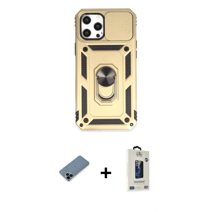MARSİLYAN™- iPhone 12 Pro Max Kılıf Ahenk Klasik - Siyah Bilvis Hayalet Cam Ekran Koruyucu + Shine Kamera Lens Koruma Cam - SH