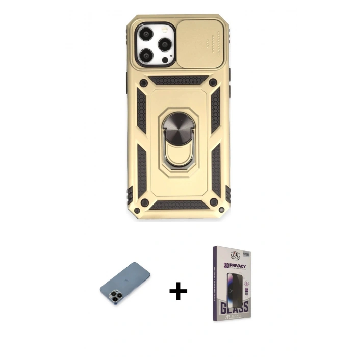 MARSİLYAN™- iPhone 12 Pro Max Kılıf Ahenk Klasik - Siyah Bilvis Hayalet Cam Ekran Koruyucu + Siyah Shine Kamera Lens Koruma Cam