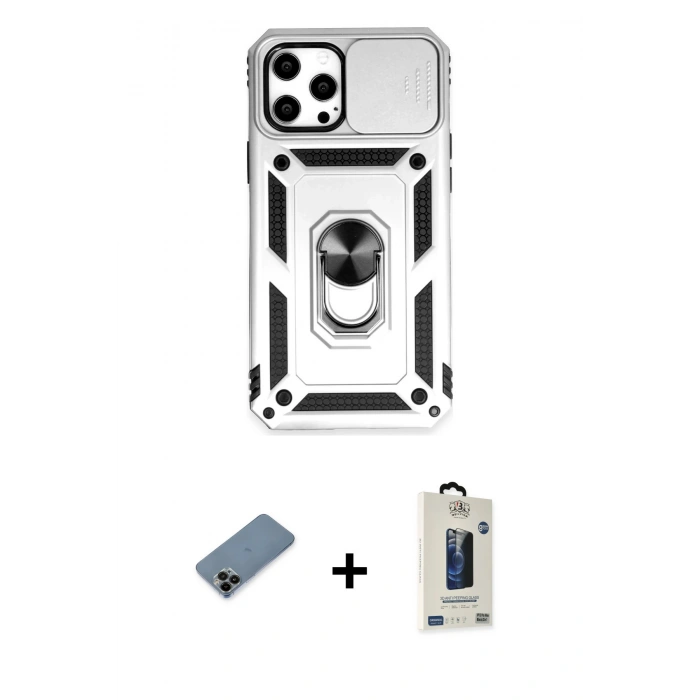 MARSİLYAN™- iPhone 12 Pro Max Kılıf Ahenk Klasik - Siyah Bilvis Hayalet Cam Ekran Koruyucu + Shine Kamera Lens Koruma Cam - SH