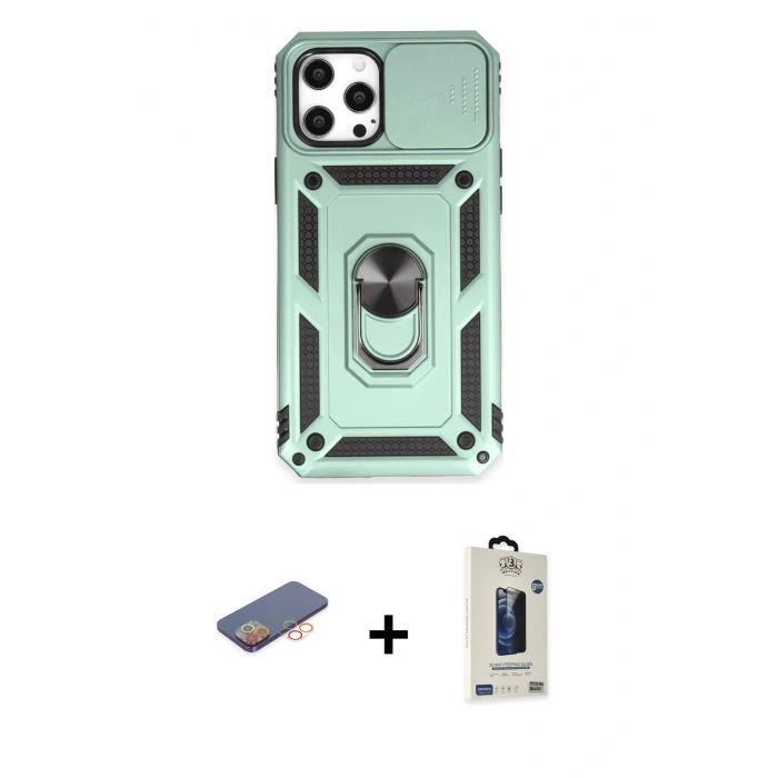 MARSİLYAN™- iPhone 12 Pro Max Kılıf Ahenk Klasik - Siyah Bilvis Hayalet Cam Ekran Koruyucu + Renkli Kamera Lens Koruma Cam - TU