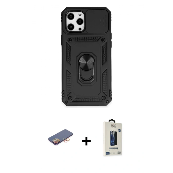 MARSİLYAN™- iPhone 12 Pro Max Kılıf Ahenk Klasik - Siyah Bilvis Hayalet Cam Ekran Koruyucu + Renkli Kamera Lens Koruma Cam - TU