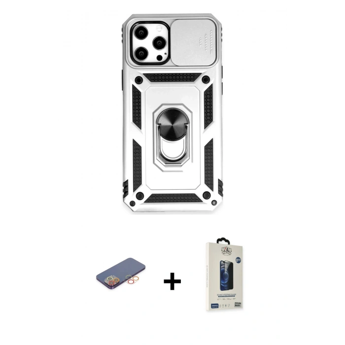 MARSİLYAN™- iPhone 12 Pro Max Kılıf Ahenk Klasik - Siyah Bilvis Hayalet Cam Ekran Koruyucu + Renkli Kamera Lens Koruma Cam - TU