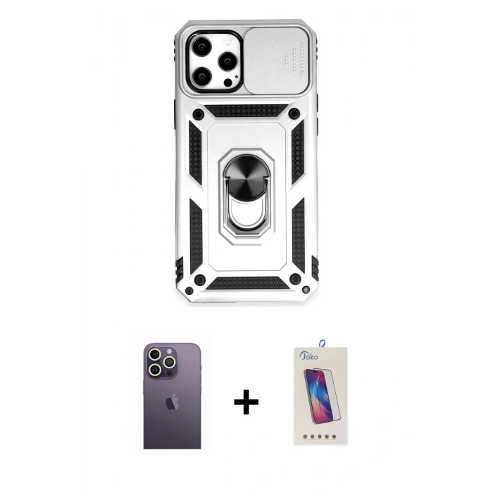 MARSİLYAN™- iPhone 12 Pro Max Kılıf Ahenk Klasik - Siyah Joko 5D Cam + Neon Fosforlu Kamera Lens - BZ