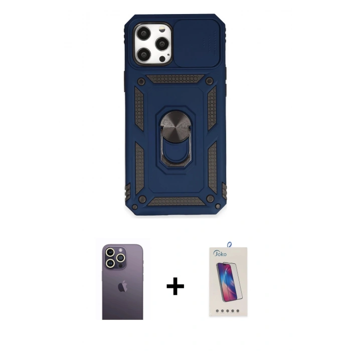 MARSİLYAN™- iPhone 12 Pro Max Kılıf Ahenk Klasik - Siyah Joko 5D Cam + Neon Fosforlu Kamera Lens - BZ