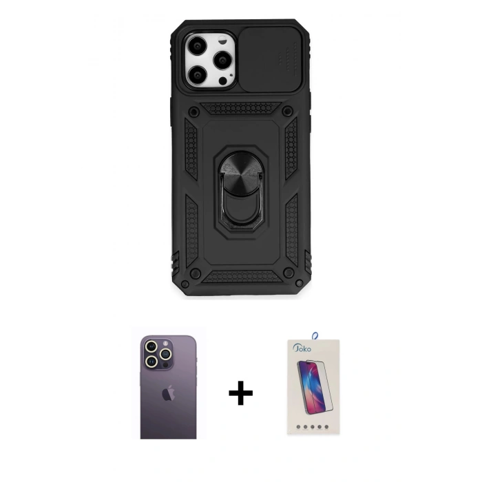 MARSİLYAN™- iPhone 12 Pro Max Kılıf Ahenk Klasik - Siyah Joko 5D Cam + Neon Fosforlu Kamera Lens - BZ