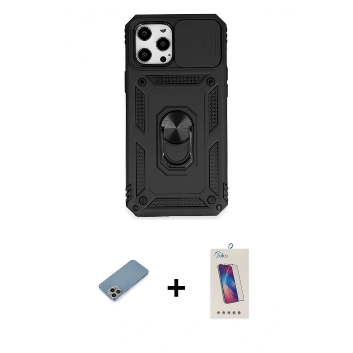 MARSİLYAN™- iPhone 12 Pro Max Kılıf Ahenk Klasik - Siyah Joko 5D Cam + Shine Kamera Lens Koruma Cam - GI