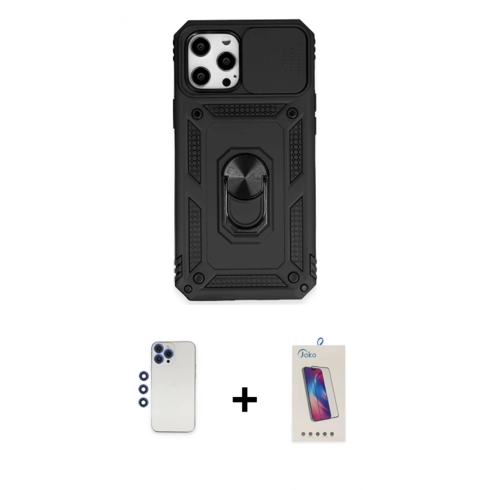 MARSİLYAN™- iPhone 12 Pro Max Kılıf Ahenk Klasik - Siyah Joko 5D Cam + Shine Kamera Lens - LT