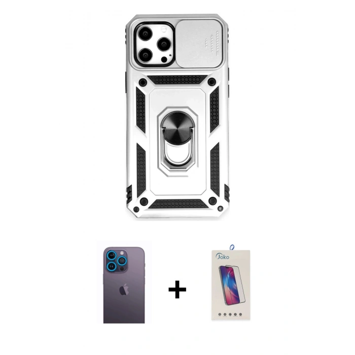 MARSİLYAN™- iPhone 12 Pro Max Kılıf Ahenk Klasik - Siyah Joko 5D Cam + Mavi Neon Fosforlu Kamera Lens