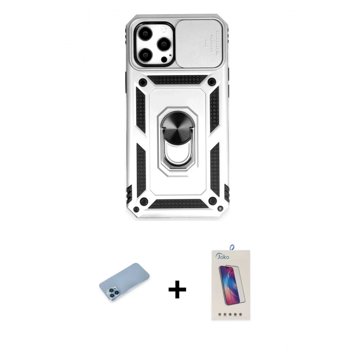 MARSİLYAN™- iPhone 12 Pro Max Kılıf Ahenk Klasik - Siyah Joko 5D Cam + Shine Kamera Lens Koruma Cam - MI