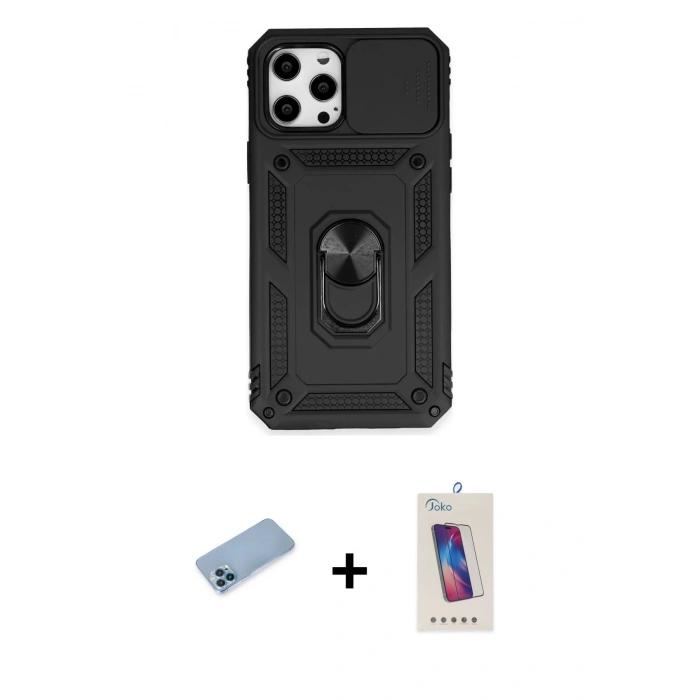 MARSİLYAN™- iPhone 12 Pro Max Kılıf Ahenk Klasik - Siyah Joko 5D Cam + Shine Kamera Lens Koruma Cam - MI