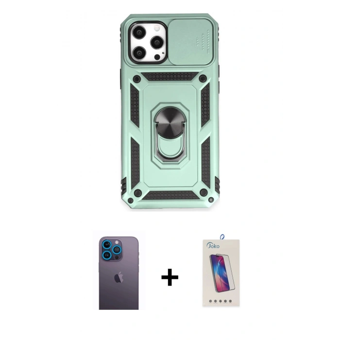 MARSİLYAN™- iPhone 12 Pro Max Kılıf Ahenk Klasik - Siyah Joko 5D Cam + Neon Fosforlu Kamera Lens - MI