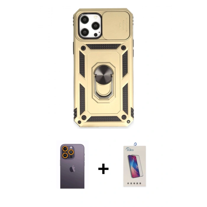 MARSİLYAN™- iPhone 12 Pro Max Kılıf Ahenk Klasik - Siyah Joko 5D Cam + Neon Fosforlu Kamera Lens - SI