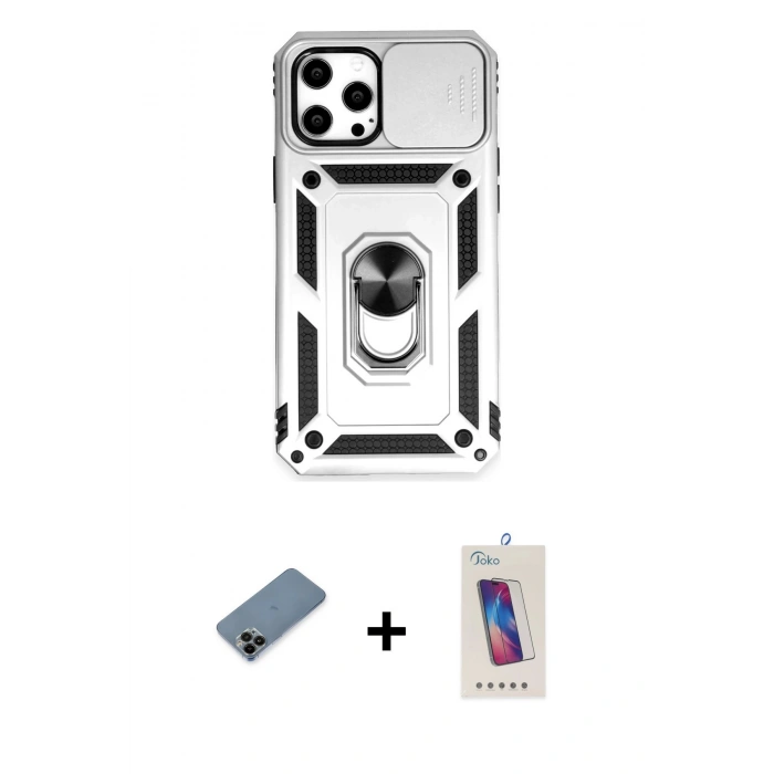 MARSİLYAN™- iPhone 12 Pro Max Kılıf Ahenk Klasik - Siyah Joko 5D Cam + Shine Kamera Lens Koruma Cam - SH