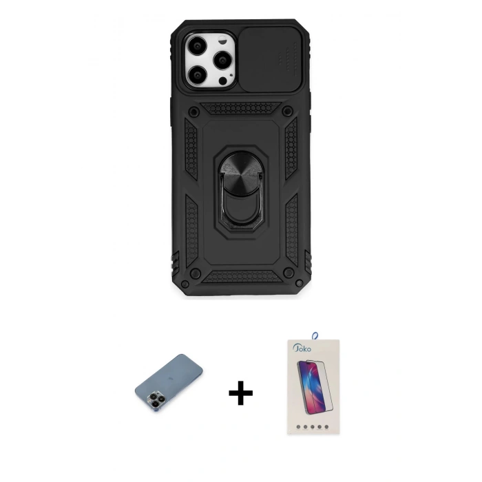 MARSİLYAN™- iPhone 12 Pro Max Kılıf Ahenk Klasik - Siyah Joko 5D Cam + Shine Kamera Lens Koruma Cam - SH