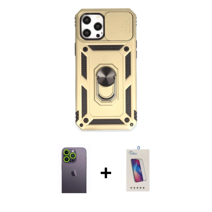MARSİLYAN™- iPhone 12 Pro Max Kılıf Ahenk Klasik - Siyah Joko 5D Cam + Neon Fosforlu Kamera Lens - YL