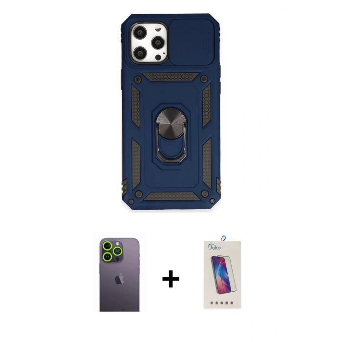 MARSİLYAN™- iPhone 12 Pro Max Kılıf Ahenk Klasik - Siyah Joko 5D Cam + Neon Fosforlu Kamera Lens - YL