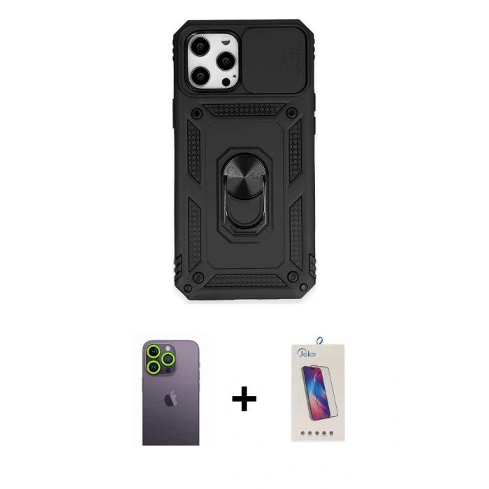 MARSİLYAN™- iPhone 12 Pro Max Kılıf Ahenk Klasik - Siyah Joko 5D Cam + Neon Fosforlu Kamera Lens - YL